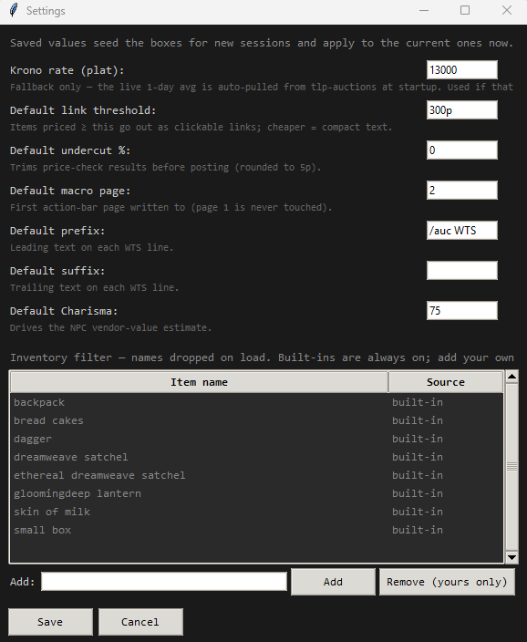 Settings window